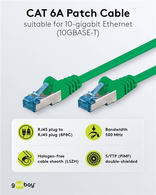 10x Goobay 93849 CAT 6A Patchkabel, S/FTP (PiMF), Grün, 7.5 m - Kupferleiter (CU), halogenfreier Kabelmantel (LSZH)