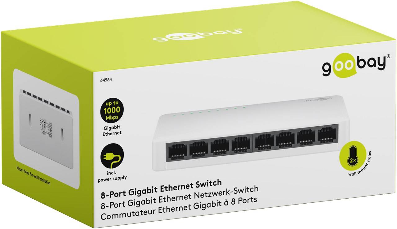 20x Goobay 64564 8-Port Gigabit Ethernet Netzwerk-Switch, weiß - 8x RJ45-Buchsen, Autonegotiation, 1000 Mbit/s