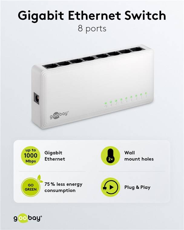 Goobay 64564 8-Port Gigabit Ethernet Netzwerk-Switch, weiß - 8x RJ45-Buchsen, Autonegotiation, 1000 Mbit/s