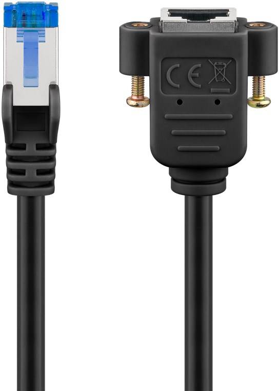 Goobay 65641 CAT 6A Verlängerungskabel, S/FTP (PiMF), schwarz, 0.5 m - Kupferleiter (CU), halogenfreier Kabelmantel (LSZH), mit Montageflansch