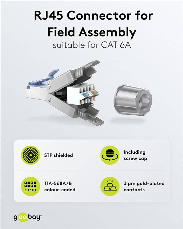 50x Goobay 65939 CAT 6A feldkonfektionierbarer RJ45-Stecker, STP geschirmt - für 5,0-8,5 mm Kabeldurchmesser, mit Schraubkappe, werkzeugfreie