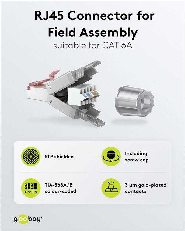 50x Goobay 65940 CAT 6 feldkonfektionierbarer RJ45-Stecker, STP geschirmt - für 5,0-8,5 mm Kabeldurchmesser, mit Schraubkappe, werkzeugfreie