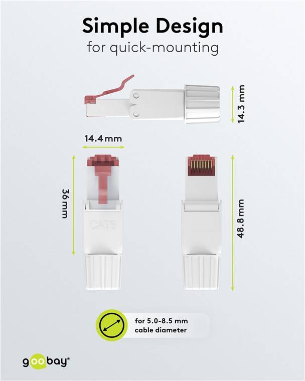 100x Goobay 65942 CAT 6 feldkonfektionierbarer RJ45-Stecker, UTP ungeschirmt - für 5,0-8,5 mm Kabeldurchmesser, mit Schraubkappe, werkzeugfreie