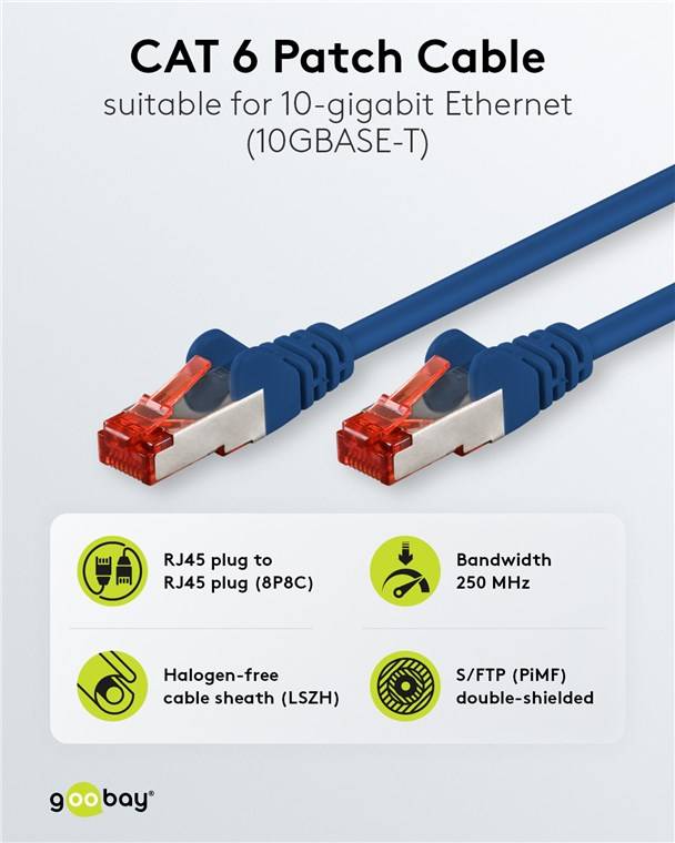 280x Goobay 92452 CAT 6 Patchkabel, S/FTP (PiMF), blau, 0.15 m - Kupferleiter (CU), halogenfreier Kabelmantel (LSZH)