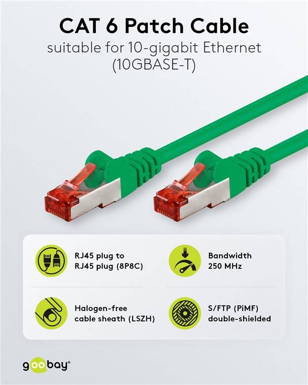 200x Goobay 68289 CAT 6 Patchkabel, S/FTP (PiMF), Grün, 1 m - Kupferleiter (CU), halogenfreier Kabelmantel (LSZH)
