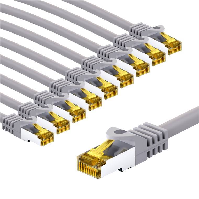 Goobay 69521 RJ45-Patchkabel CAT 6A S/FTP (PiMF), 500 MHz mit CAT 7 Rohkabel, 5 m, grau, 10er-Set, 5 m - LSZH halogenfreier Kabelmantel