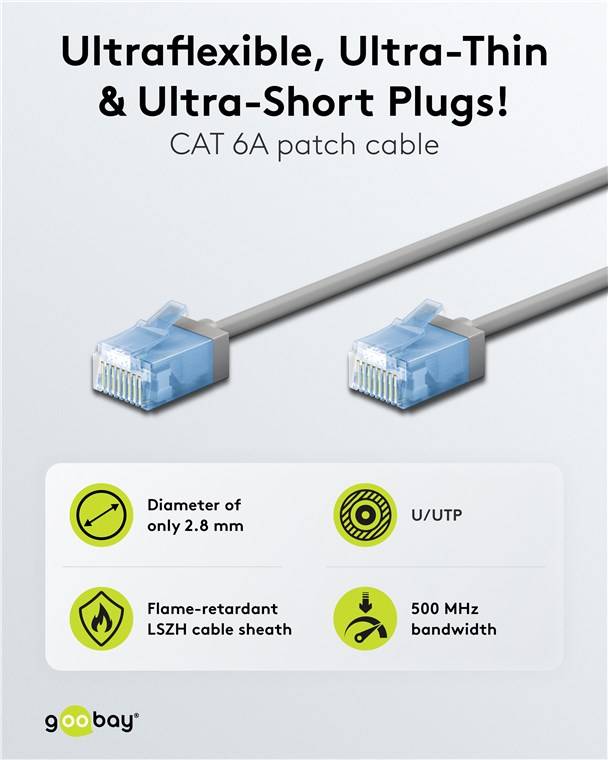 Goobay 74223 Ultraflexibles CAT 6A Patchkabel, slim, U/UTP, grau, 2 m - extrakurze Stecker, reiner Kupferleiter (CU), LSZH, TPE-Mantel, AWG 32