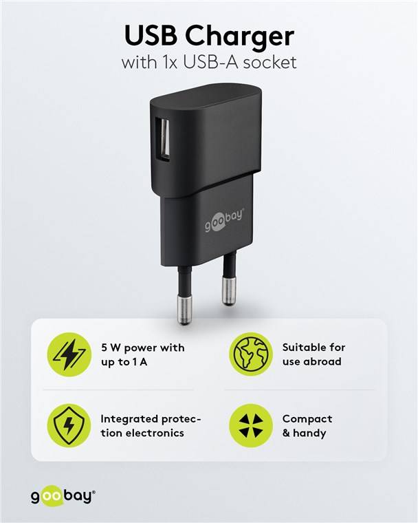 Goobay 44947 USB-A Ladegerät (5 W) schwarz, Schwarz - 1x USB-A-Anschluss