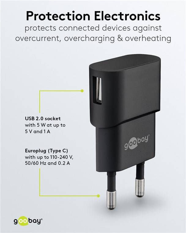 Goobay 44947 USB-A Ladegerät (5 W) schwarz, Schwarz - 1x USB-A-Anschluss