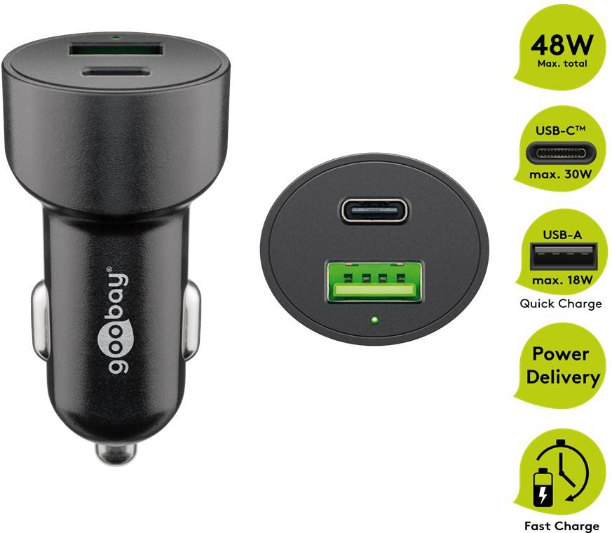 Goobay 39908 Dual-USB Auto-Schnellladegerät USB-C™ PD (Power Delivery) (48 W), Schwarz - 48 W (12/24 V) USB-A/USB-C™ geeignet für Geräte mit U