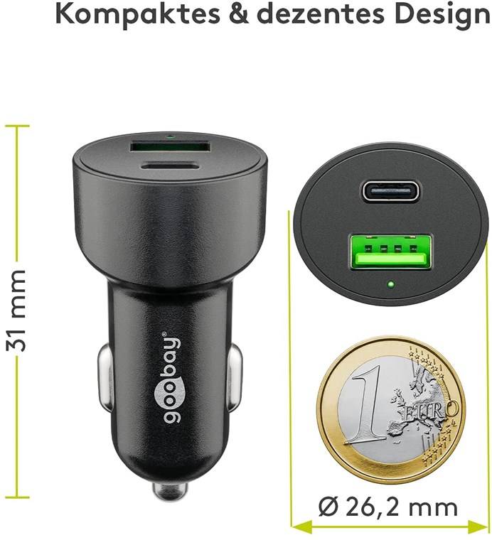 Goobay 39908 Dual-USB Auto-Schnellladegerät USB-C™ PD (Power Delivery) (48 W), Schwarz - 48 W (12/24 V) USB-A/USB-C™ geeignet für Geräte mit U