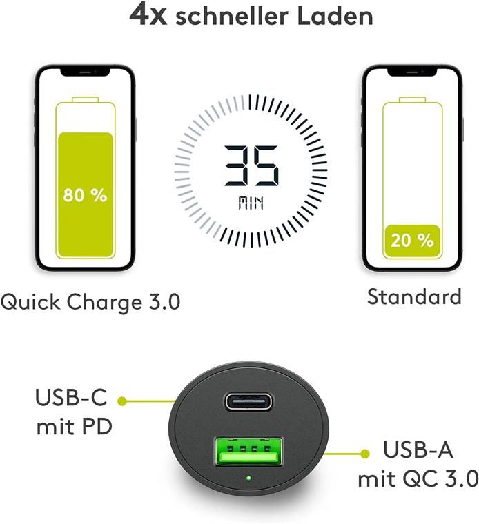 Goobay 39908 Dual-USB Auto-Schnellladegerät USB-C™ PD (Power Delivery) (48 W), Schwarz - 48 W (12/24 V) USB-A/USB-C™ geeignet für Geräte mit U