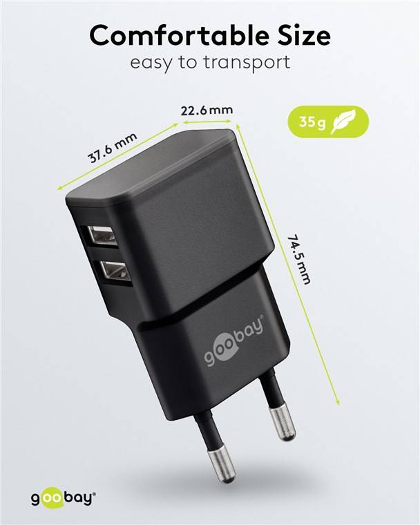 Goobay 44951 USB-A Dual-Ladegerät (12 W) schwarz, Schwarz - 2x USB-A-Anschlüsse