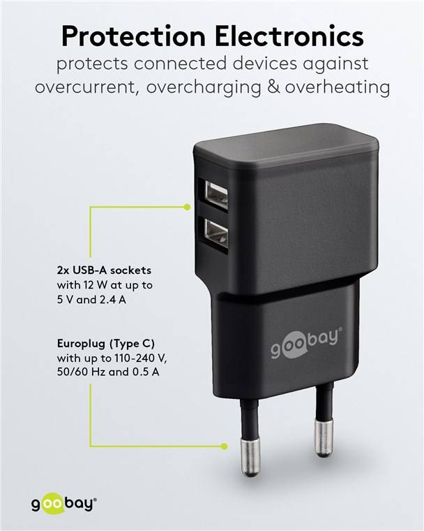 Goobay 44951 USB-A Dual-Ladegerät (12 W) schwarz, Schwarz - 2x USB-A-Anschlüsse