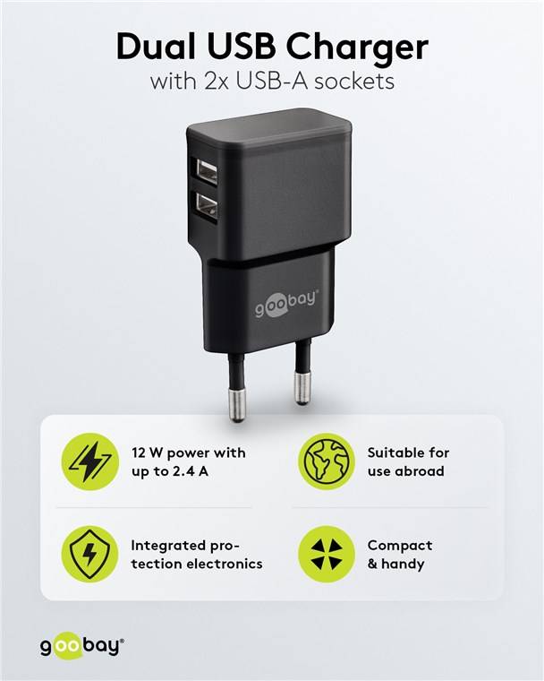 Goobay 44951 USB-A Dual-Ladegerät (12 W) schwarz, Schwarz - 2x USB-A-Anschlüsse