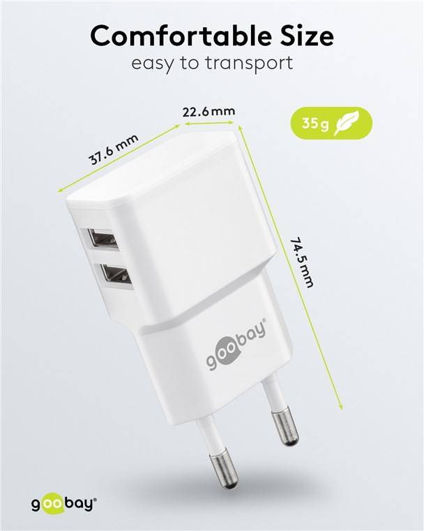 Goobay 44952 USB-A Dual-Ladegerät (12 W) weiß, Weiß - 2x USB-A-Anschlüsse