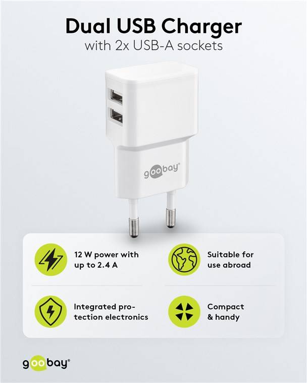 Goobay 44952 USB-A Dual-Ladegerät (12 W) weiß, Weiß - 2x USB-A-Anschlüsse