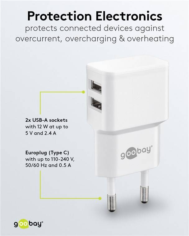 Goobay 44952 USB-A Dual-Ladegerät (12 W) weiß, Weiß - 2x USB-A-Anschlüsse