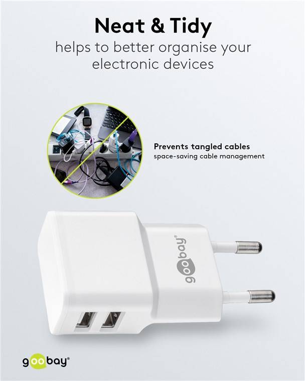 Goobay 44952 USB-A Dual-Ladegerät (12 W) weiß, Weiß - 2x USB-A-Anschlüsse