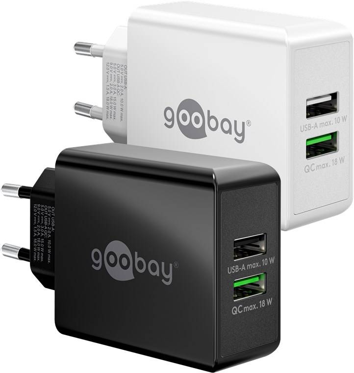 Goobay 44957 USB-A QC Dual-Schnellladegerät (28 W) weiß, Weiß - 1x USB-A-Anschluss (Quick Charge 3.0) und 1x USB-A-Anschluss