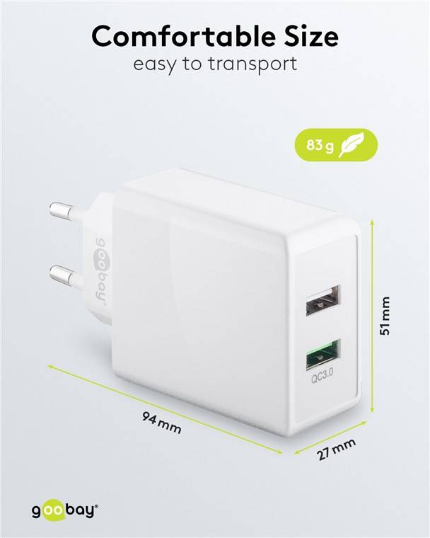 Goobay 44957 USB-A QC Dual-Schnellladegerät (28 W) weiß, Weiß - 1x USB-A-Anschluss (Quick Charge 3.0) und 1x USB-A-Anschluss