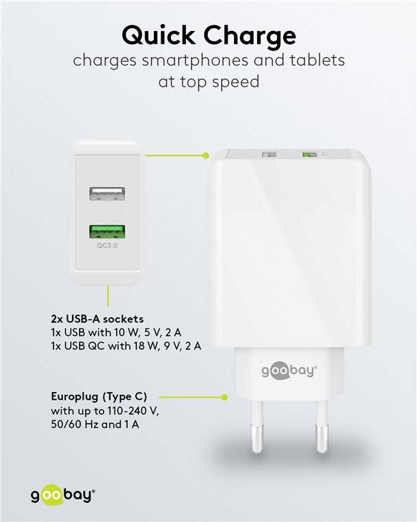Goobay 44957 USB-A QC Dual-Schnellladegerät (28 W) weiß, Weiß - 1x USB-A-Anschluss (Quick Charge 3.0) und 1x USB-A-Anschluss