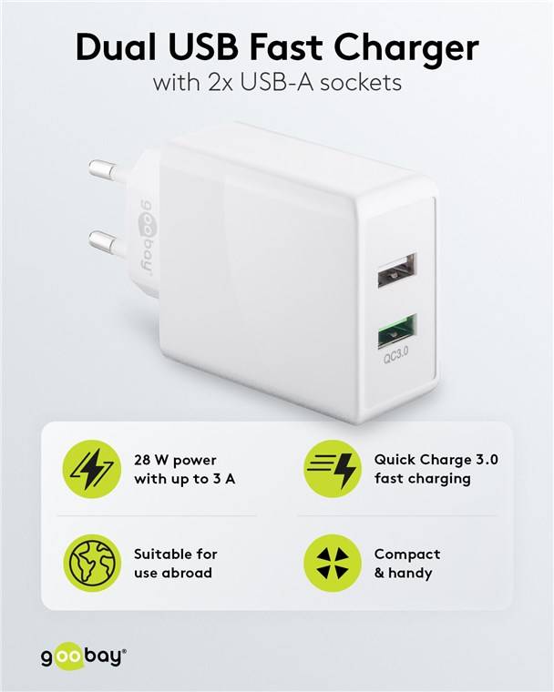Goobay 44957 USB-A QC Dual-Schnellladegerät (28 W) weiß, Weiß - 1x USB-A-Anschluss (Quick Charge 3.0) und 1x USB-A-Anschluss