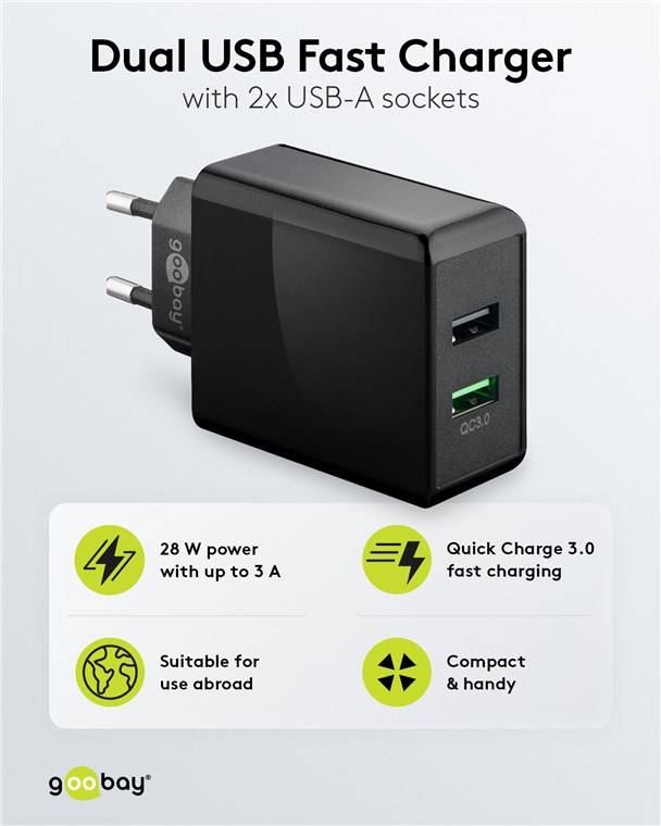 Goobay 44956 USB-A QC Dual-Schnellladegerät (28 W) schwarz, Schwarz - 1x USB-A-Anschluss (Quick Charge 3.0) und 1x USB-A-Anschluss