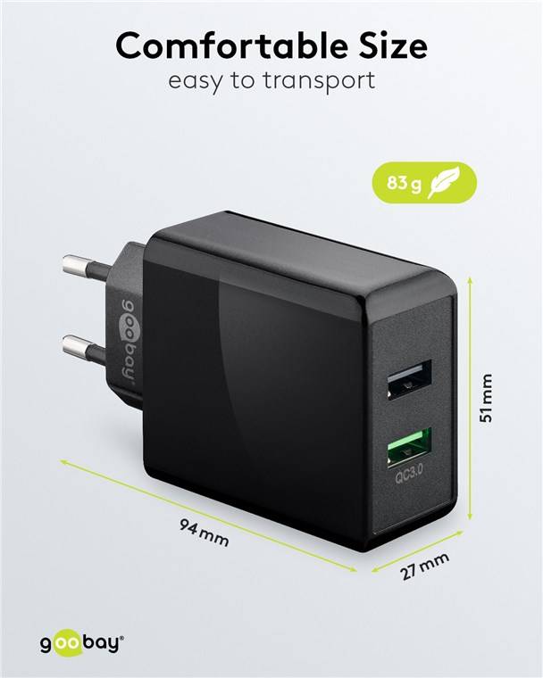 Goobay 44956 USB-A QC Dual-Schnellladegerät (28 W) schwarz, Schwarz - 1x USB-A-Anschluss (Quick Charge 3.0) und 1x USB-A-Anschluss