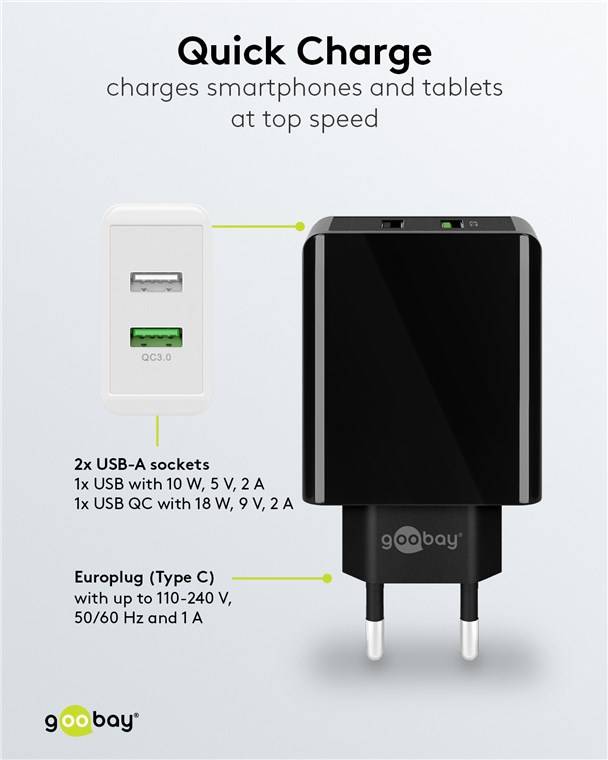 Goobay 44956 USB-A QC Dual-Schnellladegerät (28 W) schwarz, Schwarz - 1x USB-A-Anschluss (Quick Charge 3.0) und 1x USB-A-Anschluss