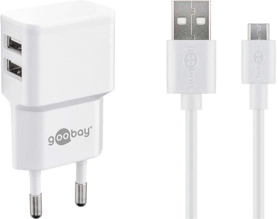 Goobay 44985 Micro-USB Dual-Ladeset (12 W), Weiß, 1 m - Netzteil mit 2x USB-Anschlüssen, Micro-USB-Kabel, 1 m, weiß