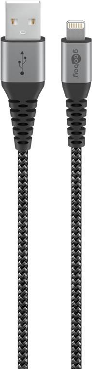 60x Goobay 49269 Lightning USB-A Textilkabel mit Metallsteckern, 2 m, 2 m, Schwarz-Grau - elegantes und extrarobustes, MFi-zertifiziertes Lade- und