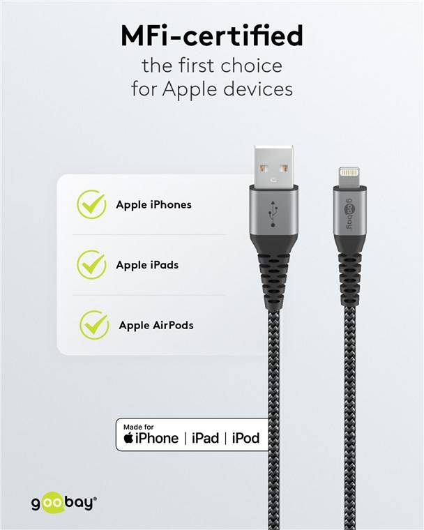 Goobay 49267 Lightning USB-A Textilkabel mit Metallsteckern, 0,5 m, 0.5 m, Schwarz-Grau - elegantes und extrarobustes, MFi-zertifiziertes Lade- und