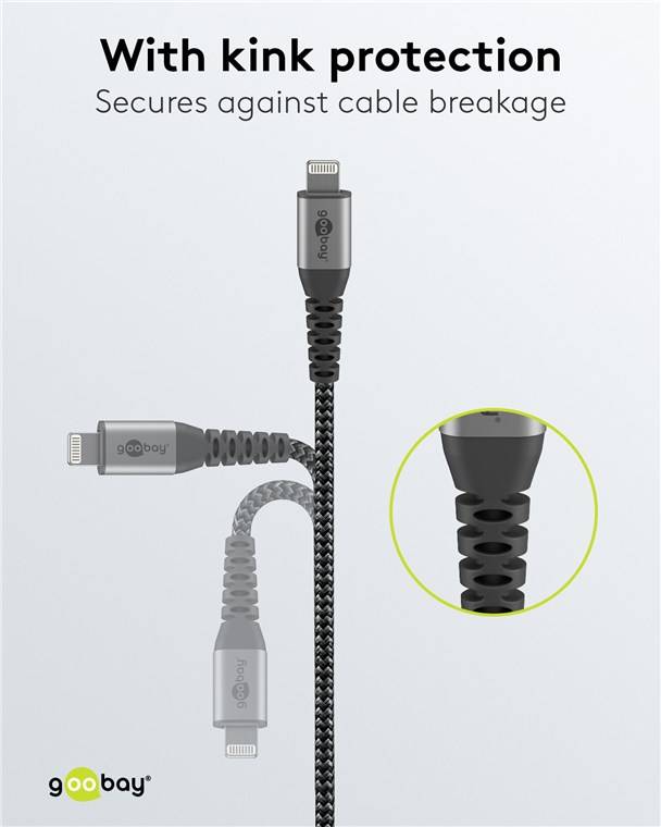 Goobay 49267 Lightning USB-A Textilkabel mit Metallsteckern, 0,5 m, 0.5 m, Schwarz-Grau - elegantes und extrarobustes, MFi-zertifiziertes Lade- und