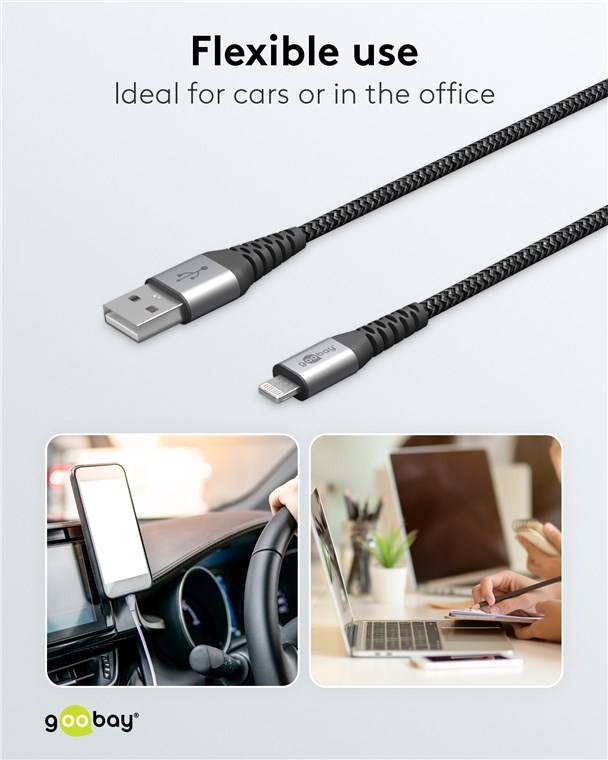 Goobay 49267 Lightning USB-A Textilkabel mit Metallsteckern, 0,5 m, 0.5 m, Schwarz-Grau - elegantes und extrarobustes, MFi-zertifiziertes Lade- und