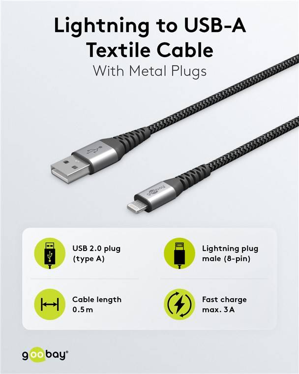 Goobay 49267 Lightning USB-A Textilkabel mit Metallsteckern, 0,5 m, 0.5 m, Schwarz-Grau - elegantes und extrarobustes, MFi-zertifiziertes Lade- und
