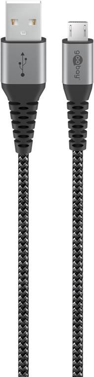 100x Goobay 49282 Micro-USB-auf-USB-A-Textilkabel mit Metallsteckern (spacegrau/silber), 1 m, 1 m, Schwarz-Grau - elegantes und extra-robustes