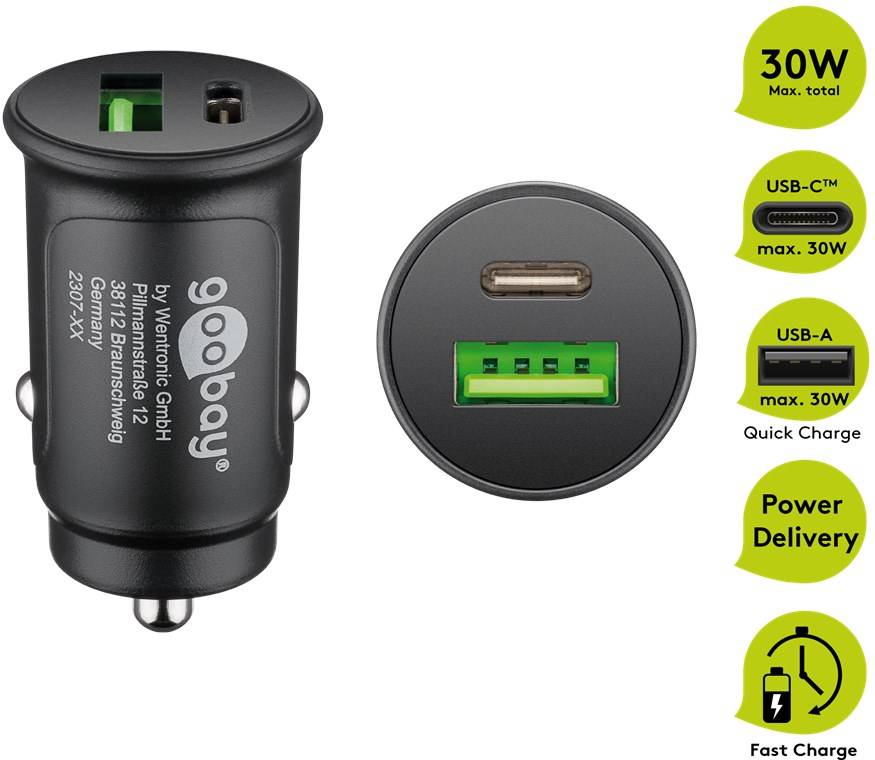 Goobay 55634 Dual-USB Auto-Schnellladegerät USB-C™ PD (Power Delivery) (30 W), Schwarz - 30W (12/24V) geeignet für Geräte mit USB-C™ (Power Del