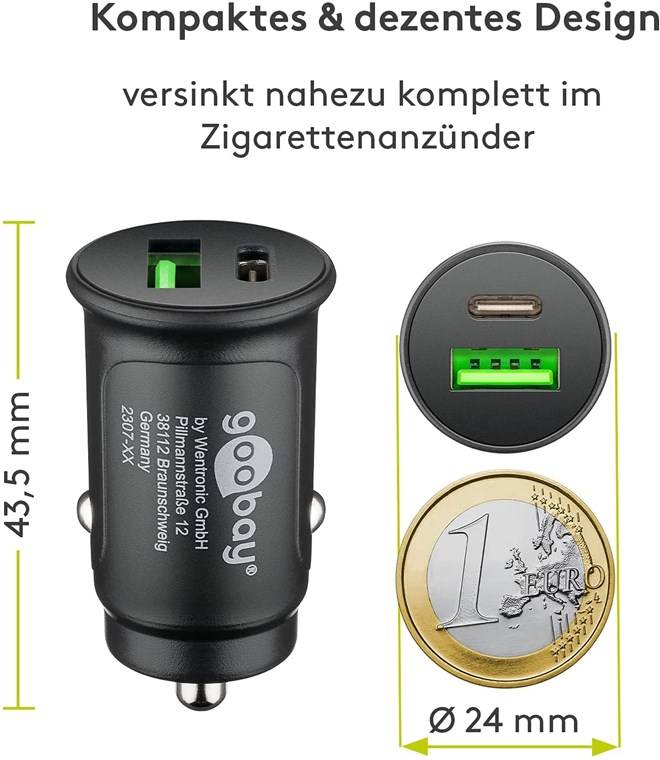 150x Goobay 55634 Dual-USB Auto-Schnellladegerät USB-C™ PD (Power Delivery) (30 W), Schwarz - 30W (12/24V) geeignet für Geräte mit USB-C™ (Powe