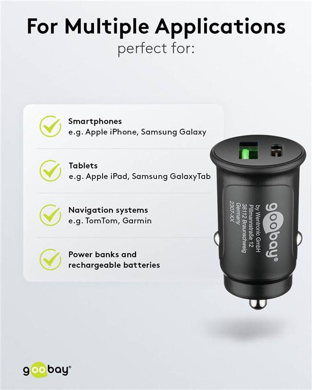 Goobay 59521 Dual-USB Auto-Schnellladegerät USB-C™ PD (Power Delivery) (27 W), Schwarz - 27 W (12/24 V) geeignet für Geräte mit USB-C™ (Power D