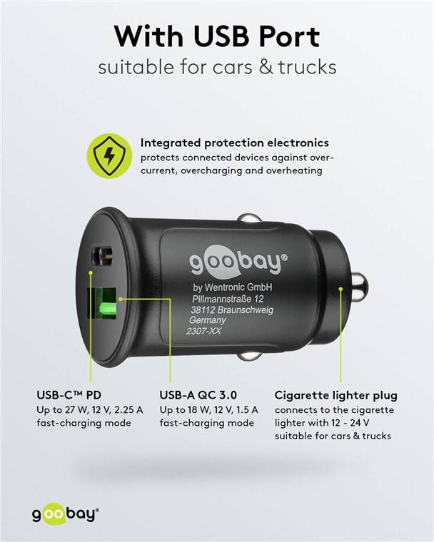 150x Goobay 59521 Dual-USB Auto-Schnellladegerät USB-C™ PD (Power Delivery) (27 W), Schwarz - 27 W (12/24 V) geeignet für Geräte mit USB-C™ (Po