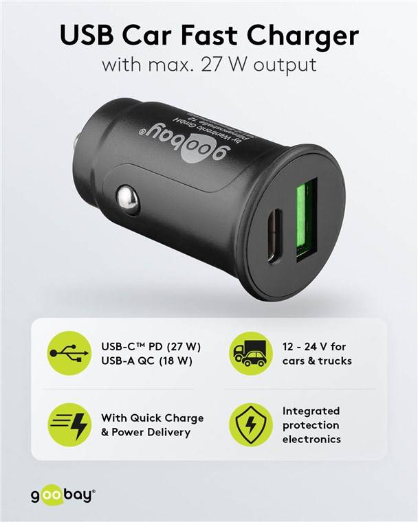 150x Goobay 59521 Dual-USB Auto-Schnellladegerät USB-C™ PD (Power Delivery) (27 W), Schwarz - 27 W (12/24 V) geeignet für Geräte mit USB-C™ (Po