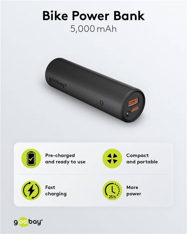 Goobay 60656 Outdoor Bike-Powerbank 5.000 mAh, Schwarz, 0.3 m - 18 W, kompakte Stab-Powerbank mit Power Delivery und Quick Charge für den