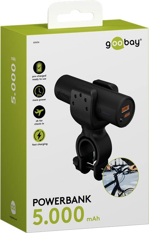 20x Goobay 60656 Outdoor Bike-Powerbank 5.000 mAh, Schwarz, 0.3 m - 18 W, kompakte Stab-Powerbank mit Power Delivery und Quick Charge für den
