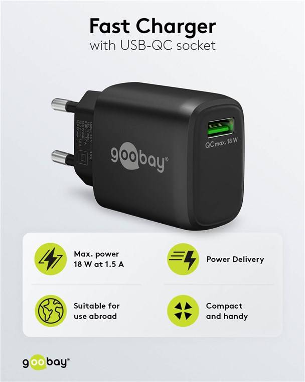 Goobay 61671 USB-A QC Schnellladegerät (18 W) schwarz, schwarz - 1x USB-A-Anschluss (Quick Charge 3.0)