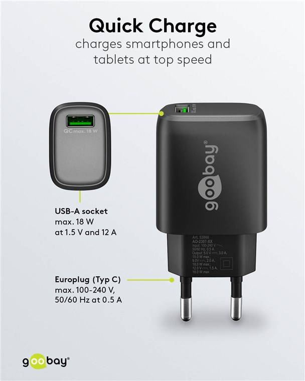 Goobay 61671 USB-A QC Schnellladegerät (18 W) schwarz, schwarz - 1x USB-A-Anschluss (Quick Charge 3.0)