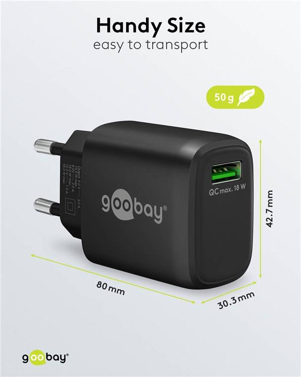 Goobay 61671 USB-A QC Schnellladegerät (18 W) schwarz, schwarz - 1x USB-A-Anschluss (Quick Charge 3.0)