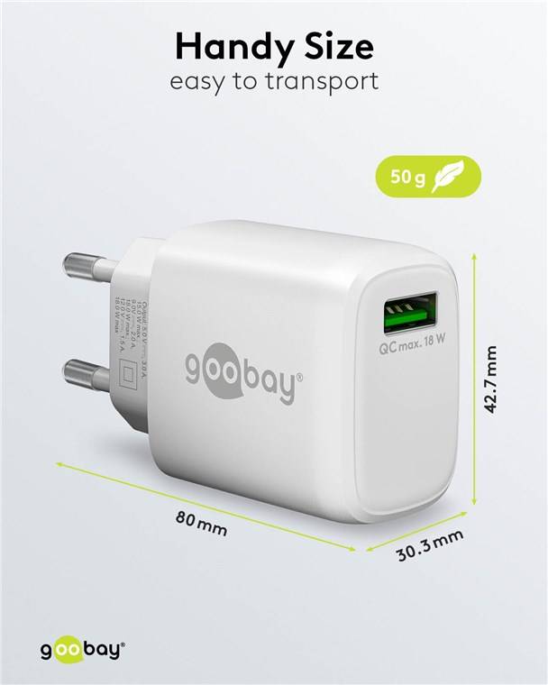 Goobay 61672 USB-A QC Schnellladegerät (18 W) weiß, weiß - 1x USB-A-Anschluss (Quick Charge 3.0)