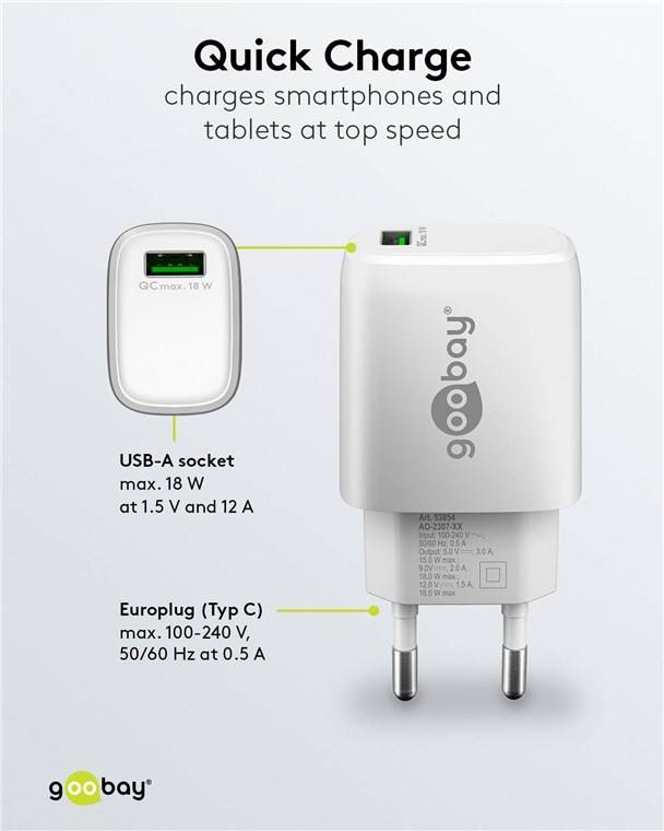 Goobay 61672 USB-A QC Schnellladegerät (18 W) weiß, weiß - 1x USB-A-Anschluss (Quick Charge 3.0)