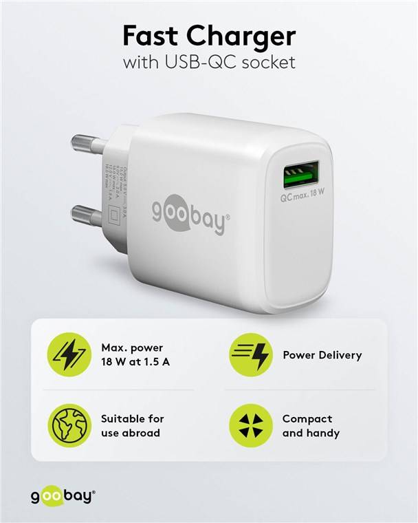 Goobay 61672 USB-A QC Schnellladegerät (18 W) weiß, weiß - 1x USB-A-Anschluss (Quick Charge 3.0)